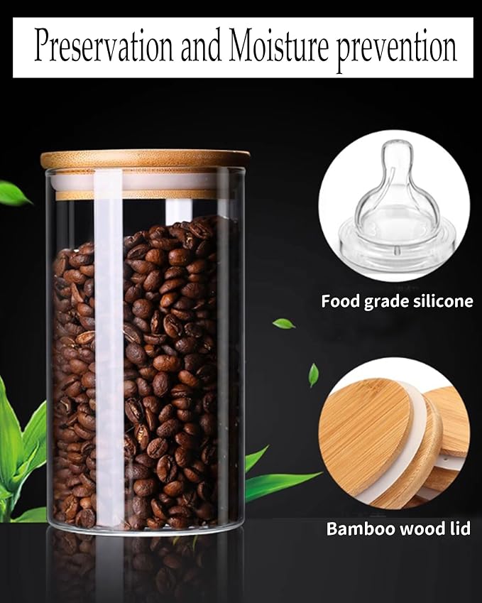 36OZ Glass Storage Jars Kitchen Canister Set | 6 pack airtight sealed glass containers ideal With Bamboo Airtight Lids for storing coffee sugar tea candy