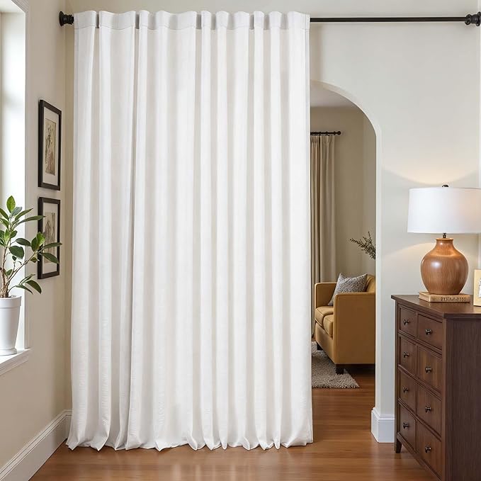 jinchan Extra Wide Sliding Door Curtain 96 Inch Length with Privacy Lining White Linen Lined Curtains for Patio Door Living Room Bedroom Home Office Light Filtering Drapes 100 Inches Wide 1 Panel