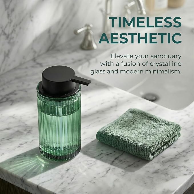 Green Glass Foaming Hand Soap Dispenser with Matte Black Pump Thick Striped Bottle Refillable for Bathroom and Kitchen Decor 12 fl oz