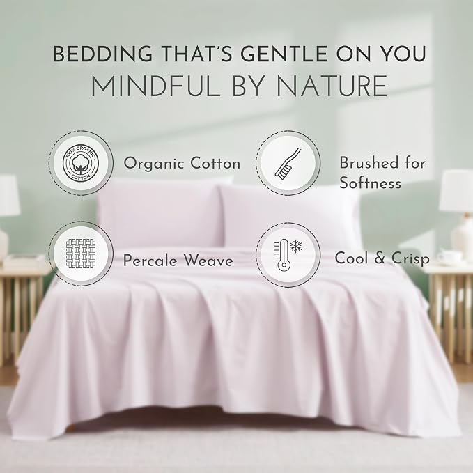 Linen Closet 100% Organic Cotton King Size Sheets Set - 4 Pieces Percale Weave Cooling Bed Sheets for Hot Sleepers - 16" Deep Pocket Fitted Sheet - Crisp, Breathable & Brushed for Softness - Lavender