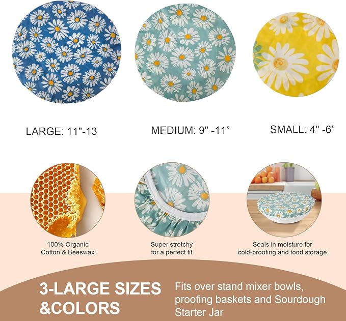 Reusable Bowl Covers for Bread Proofing - Beeswax Bowl Covers Reusable 3 Set, Cotton Blend Stretch Design, Fits 4-13 Inch Bowls, Shower Caps for Sourdough Bread, Dough Proofing & Food Storage(Daisy)