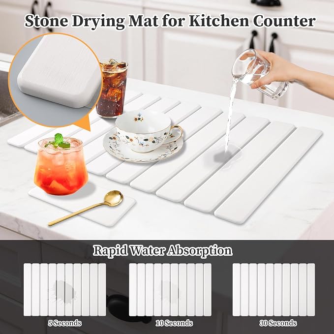 Diatomaceous Stone Drying Mat for Kitchen Counter with Sink Faucet Mat, White Absorbent Quick Dry Dish Drying Mat Set, Diatomite Stone Slat Countertop Pad for Dishes, Cups