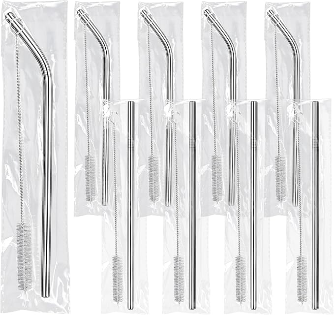 8 Pack 8.5 Inch Reusable Stainless Steel Metal Straws Individually Wrapped,4 Bent + 4 Straight + 8 Cleaning Brushes,Reusable Metal Straws for 20 oz Tumblers,Cold Drinking Stainless Steel Straw