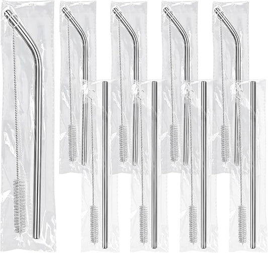 8 Pack 8.5 Inch Reusable Stainless Steel Metal Straws Individually Wrapped,4 Bent + 4 Straight + 8 Cleaning Brushes,Reusable Metal Straws for 20 oz Tumblers,Cold Drinking Stainless Steel Straw
