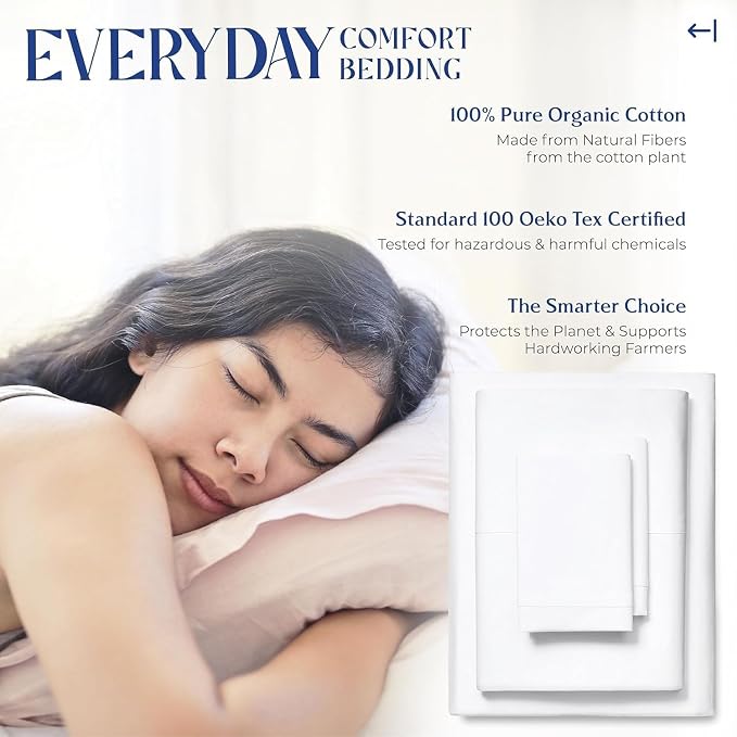 Mayfair Linen 100% Organic Cotton Percale Sheets Twin XL Size Pack or 2 - Soft & Crisp Organic Cotton Sheets Twin XL Size (6 PC, White), Dorm Room Essentials Low Pill Fade Resistant Percale Bed Sheet