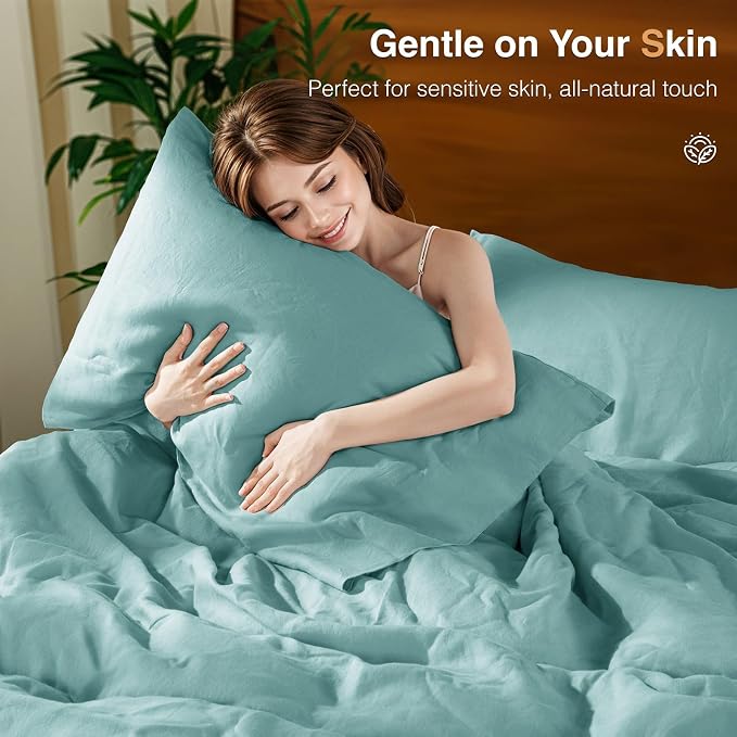 SONORO KATE 100% French Linen Duvet Cover King Size, Soft Breathable for Hot Sleepers, Moisture Wicking & Durable Cover Set - Zipper Closure & 4 Corner Ties Duvet Covers 3 Piece (Aqua,King)