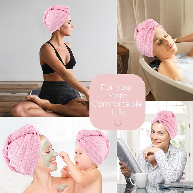 MaopaoBeauty Microfiber Hair Towel - Waffle Drying Hair Wrap (2 Packs, 10.6x27.5inch, Pink)