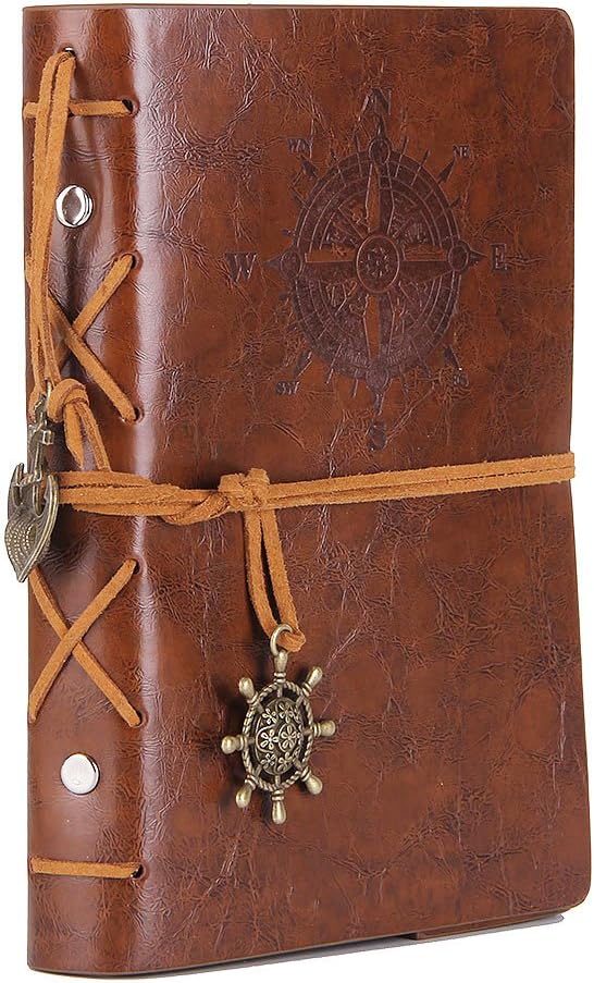 EvZ Retro Brown Leather Journal - 5" Refillable Vintage Nautical Notebook with Anchor & Rudder Pendants - Small Spiral Blank Sketchbook for Travel, Poetry & Diary - Classic Embossed Art Journal, Dark Brown