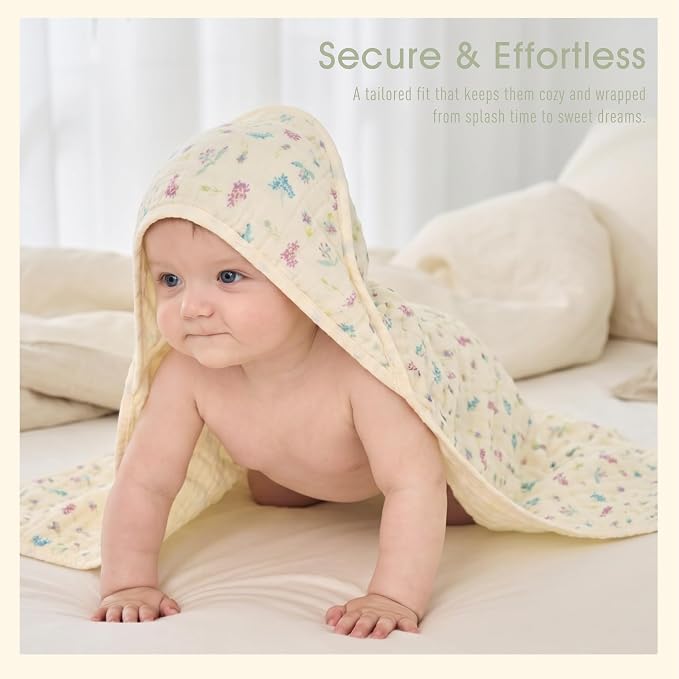 Muslin Baby Hooded Towel, Wildflower Floral, 32"x32" | 70% Organic Cotton & 30% Viscose from Bamboo, 6-Layer Fabric, Soft for Bath & Beach, Eco Kraft Gift Box