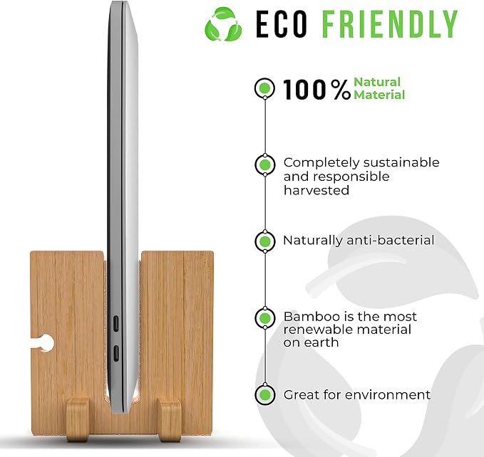 Kothar Wooden Vertical Laptop Stand for Desk, Vertical Laptop Holder, Bamboo, Desktop Dock for Apple MacBook, Microsoft Surface, iPad, Tablets and More