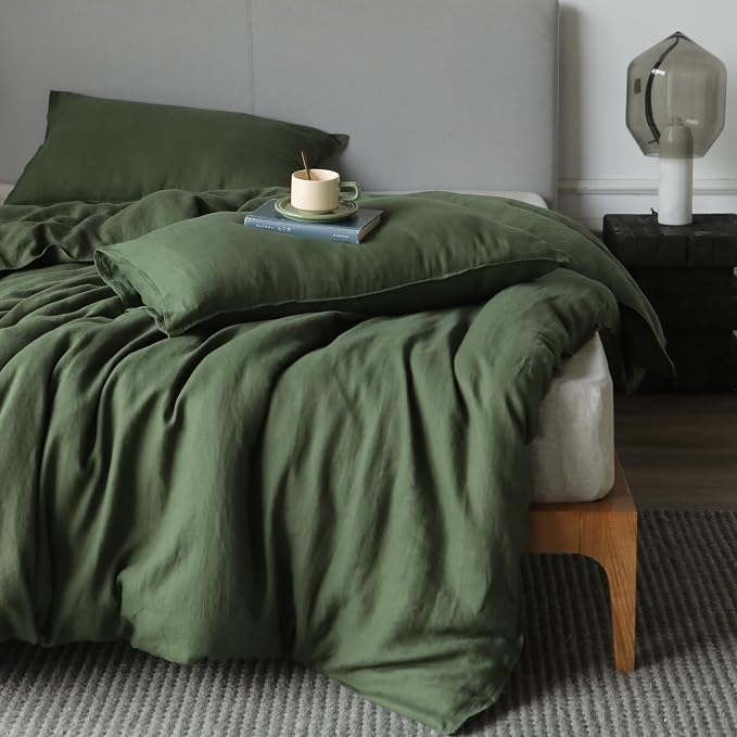 XZ XIFA Green Linen Duvet Cover King, 100% Washed French Flax Linen Bedding with Zipper Closure, Cooling for Hot Sleepers, Textured Bed Sets - 1 Duvet Cover and 2 Pillowcases