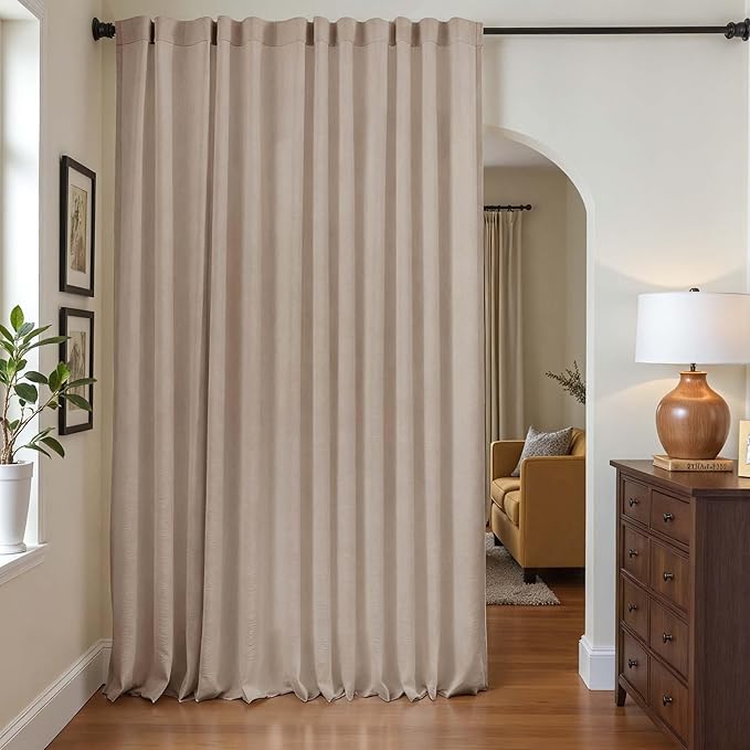 jinchan Extra Wide Sliding Door Curtain 96 Inch Length with White Privacy Lining Taupe Linen Lined Curtains for Patio Door Living Room Bedroom Light Filtering Drapes 100 Inches Wide 1 Panel