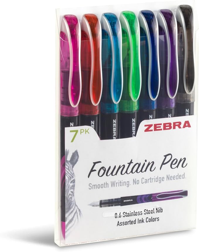 Zebra Pen, Fountain Pen, 0.6mm Fine Point, Stainless Steel Nib, Preloaded Assorted Ink, Smooth Ink Flow, Vibrant Assorted Barrels, No Cartridge Needed, 7-Pack (48307)