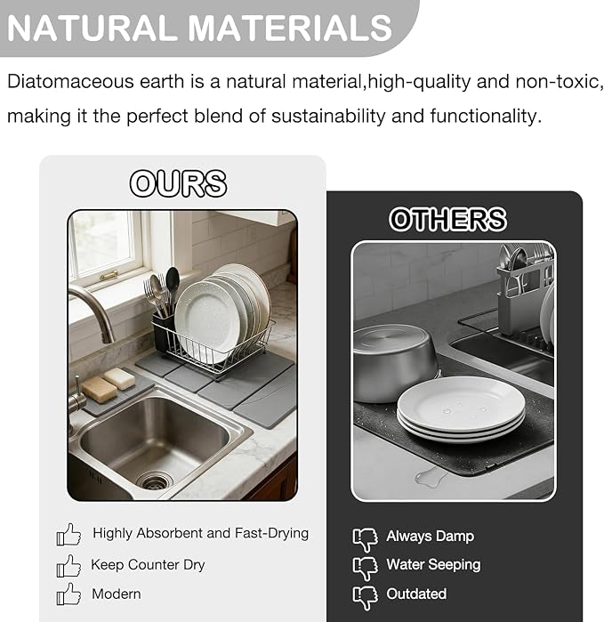 23.6"×15.7" Diatomaceous Earth Stone Dish Drying Mat, Foldable Super Absorbent Quick Dry Non-Slip Eco-Friendly Pad for Kitchen Counter, Dishes, Cups, Bottles & Utensils, Light Gray
