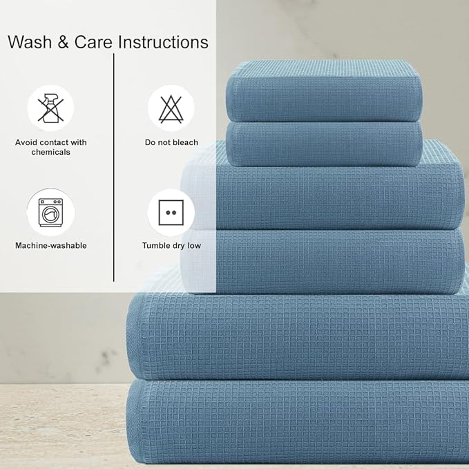 CASA COPENHAGEN Waffle 6Pcs 100% Egyptian Cotton Large Designer Towels Gift Set- Dusty Blue, 2Bath 2Hand 2Washcloths, Bath Towels for Bathroom (Box Pack, Set for Women & Men)