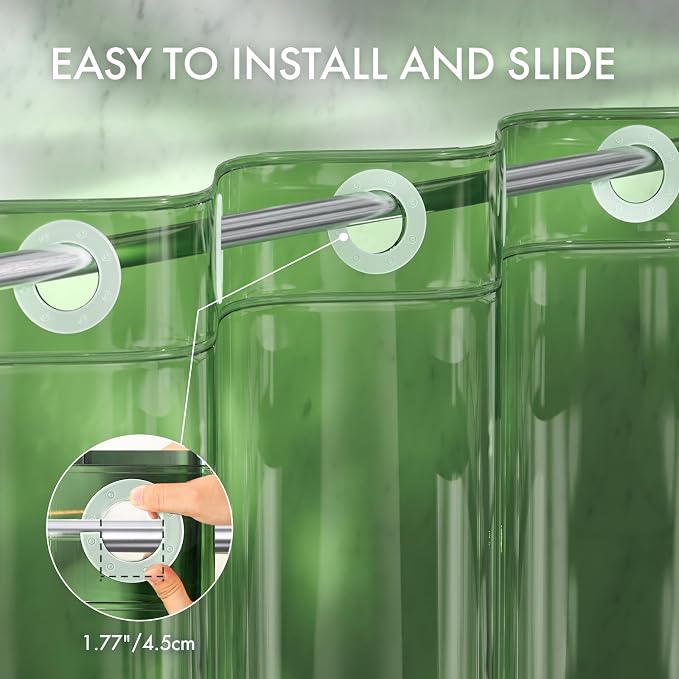 AmazerBath No Hook Shower Curtain Liner, 100% EVA Heavy Duty Hookless Shower Curtain and Liner 3-in-1, 72x75 Luxury Soft Shower Liner with 3 Heavyweight Stones, Clear Green