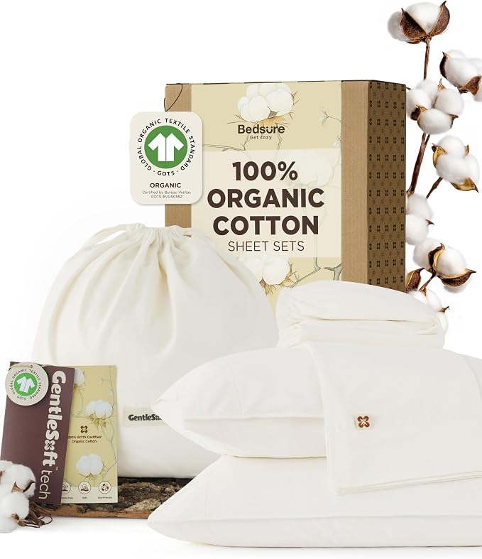 Bedsure 100% GOTS Certified Organic Cotton Sheets, California King Sheet Sets, 17" Deep Pocket Bedsheets with Corner Straps, Eco-Friendly, Soft & Luxury PureWoven Cotton Hotel Bedding, 4PCS, Ivory
