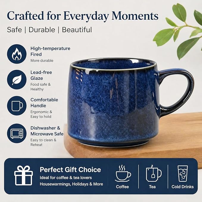12oz Japanese Style Minimalistic Asian Rustic Reactive Glaze Ceramic Pottery Coffee Mug, Lead-Free Glaze earthen Tea Mug,Tea cup with handle, stoneware mugs, Microwave and Dishwasher Safe (Dark Blue)