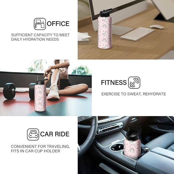 18oz Pink Unicorn Water Bottle with Handle and Flip Straw, Animal Sports Stainless Steel Insulated Cup Travel Coffee Mug Tumbler, Birthday Mothers Day Chritmas Gifts for Women