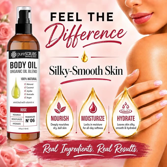 pureSCRUBS Ultra Moisturizing Rose Body Oil for Dry Skin, 4 oz | Luxurious After Shower Body Oil for Soft, Silky, Glowing Skin, Non-Greasy, Fast Absorbing & Hydrating Formula with Vitamin E