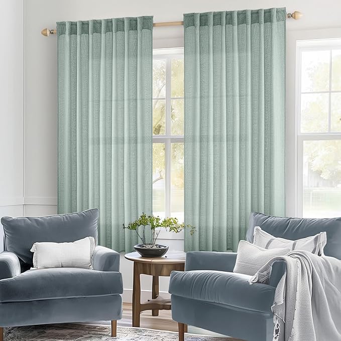 MIULEE Aqua Blue Linen Curtains 54 Inch Length 2 Panels for Bedroom Living Room, Soft Thick Linen Textured Natural Short Window Drapes Semi Sheer Light Filtering Back Tab Rod Pocket Burlap Look Decor