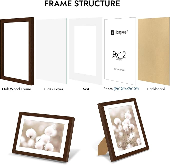 Hongkee 9x12 Oak Wood Picture Frame 1 Pack(Matted 7x10), Real Glass Cover | Walnut, 9 x 12 Solid Wood Frame for Wall or Tabletop Display - Includes Easel Back, Vertical Hang - Ideal for Home, Office