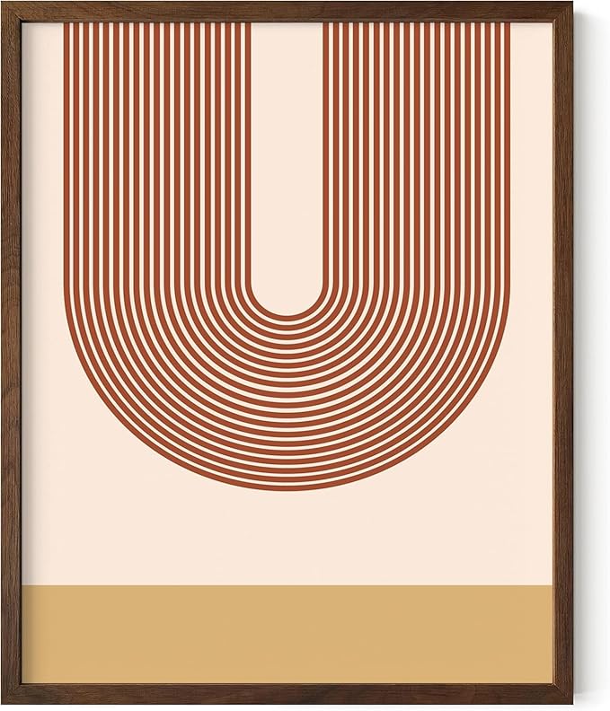 Continuous Line Face Wall Art Abstract Portrait Organic Shapes Earth Tones Terracotta Mid Century Modern 8x10 Inch Oak Wood Walnut Framed Minimalist Line Drawing for Vanity