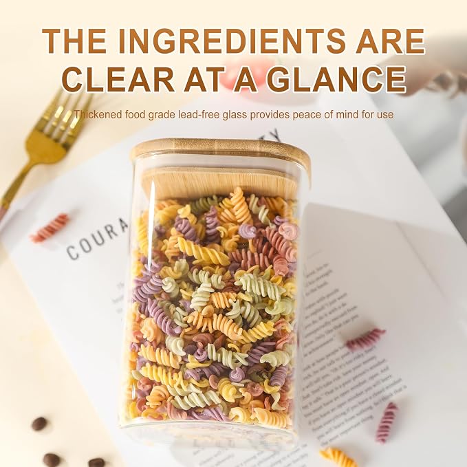 3-Pack Square Glass Containers with Bamboo Lids, 32 fl oz Candy Jars | 32 fl oz/946 ml Airtight Canister Set, Clean & Elegant Storage Jars for Candy, Coffee, Tea, Sugar, Flour, Cookies, Spices