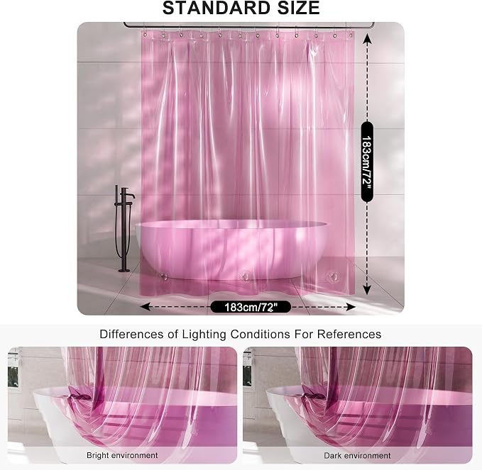 AmazerBath Pink Clear Shower Curtain Liner for Valentines, 100% EVA Soft Heavy Duty Shower Curtain and Liner 2-in-1, 72x72 Luxury Plastic Weighted Shower Liner Bathroom