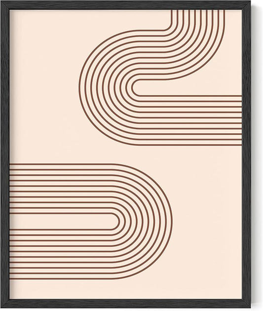Abstract Double Wavy Arch Wall Art Minimalist S-Shape Lines Earth Tones Terracotta Brown 16x20 Inch Oak Wood Black Framed Boho Geometric Print for Modern Living Room Decor