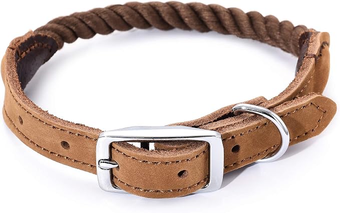 Mile High Life Genuine Leather Dog Collar, Durable Braided Cotton Rope Collar with Metal Pin Buckle for Small Medium Large Dogs (Dark Brown, L Neck 17"-21")