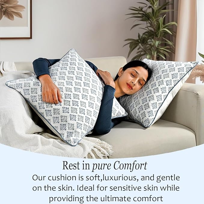 CPC Botanical Trellis Blue Block Print Throw Cushion Cover 24 x 24 Inch Set 2 - Decorative Boho Floral Pillow Case for Living Room, Bed, Sofa, Couch, Home Decor Gift for Spring, Mother's Day