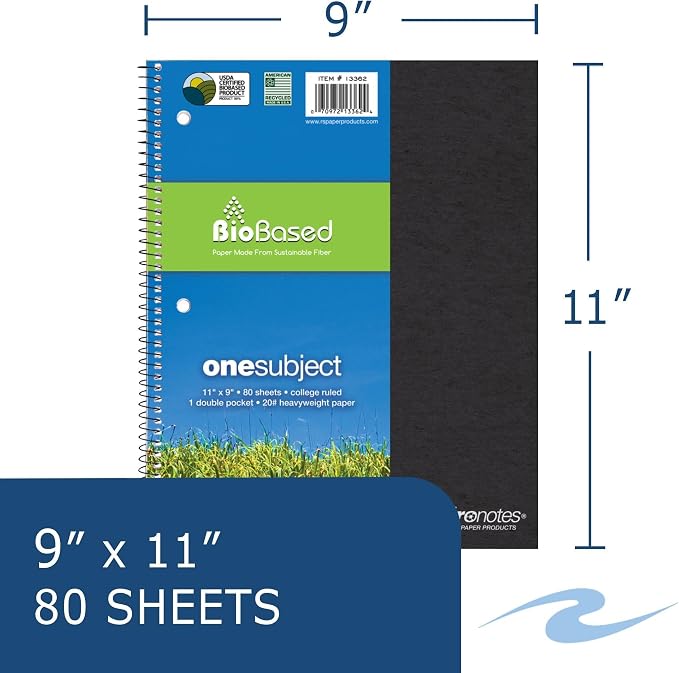 ROARING SPRING Environotes College Ruled Spiral Notebook, 1 Subject Recycled School Notebook with Storage Pocket, 11" x 9", 80 Perforated Sheets 20 lb Paper, 3 Hole Punched, Made in USA