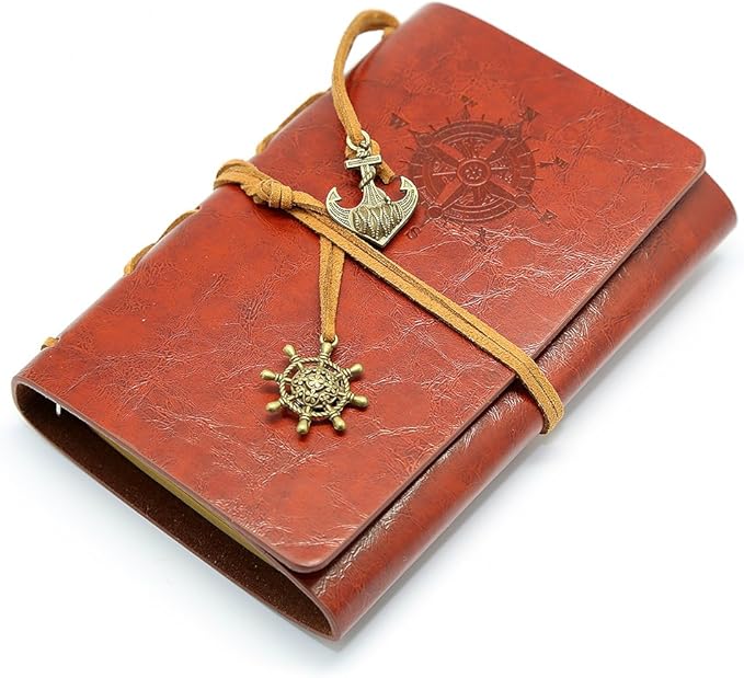 EvZ Retro Red Brown Leather Journal - 5" Refillable Vintage Nautical Notebook with Anchor & Rudder Pendants - Small Spiral Blank Sketchbook for Travel, Poetry & Diary - Classic Embossed Art Journal, Red Brown