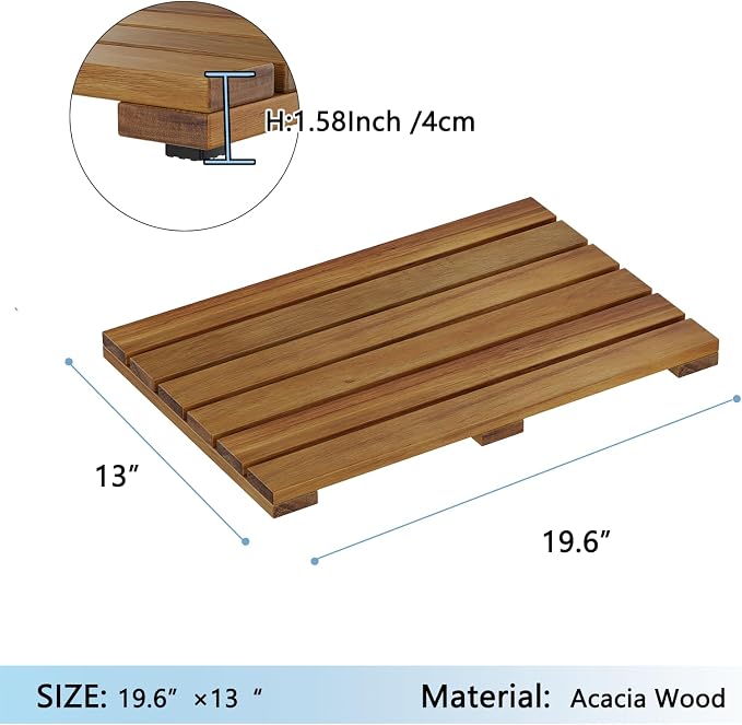 Solid Acacia Wood Shower Mat, Non Slip Bathroom Mat (19.6"×13", Small) Sturdy Floor Mat for Spa Home or Outdoor Shower, Easy to Clean, Quick Drying