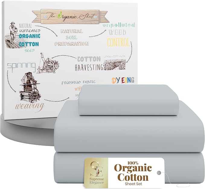 SUPREME ELEGANCE 3Pc 100% Organic Cotton Twin XL Sheets Set, Soft Silver, Cooling Percale, Deep Pocket Fitted Sheet, Fits 14" Mattresses, Breathable Bed Sheets & Pillowcases Set, Crisp Bedding