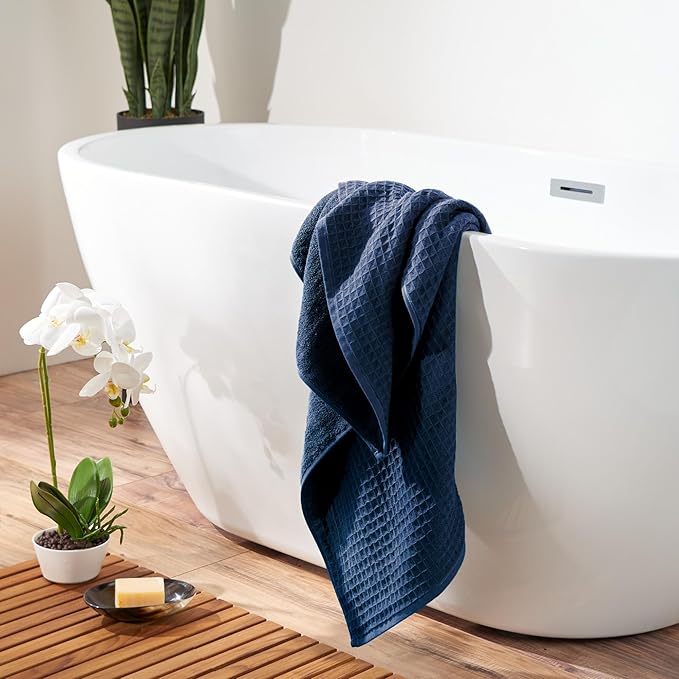 UCHINO Waffle Twist Cotton Weave Towel Set for Bathroom – 2 Bath, 2 Hand, 2 Washcloths, Lightweight Absorbent Quick Dry Honeycomb Texture Solid Terry Loop Reverse, 6 Piece, Indigo