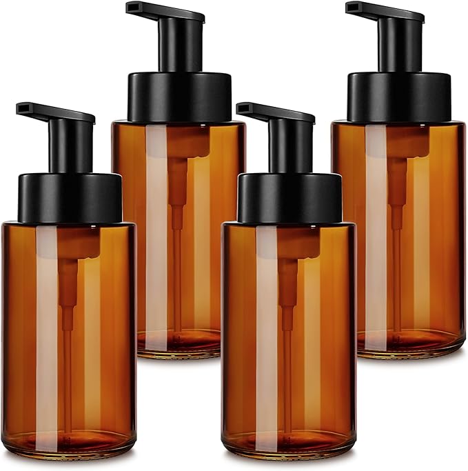 RYTOXILO Amber Foam Soap Dispenser, 10 oz/300ml Glass Foaming Soap Dispenser, 4 Pcs Foaming Hand Dispenser for Bathroom & Kitchen, Refillable Bottle with Waterproof Labels
