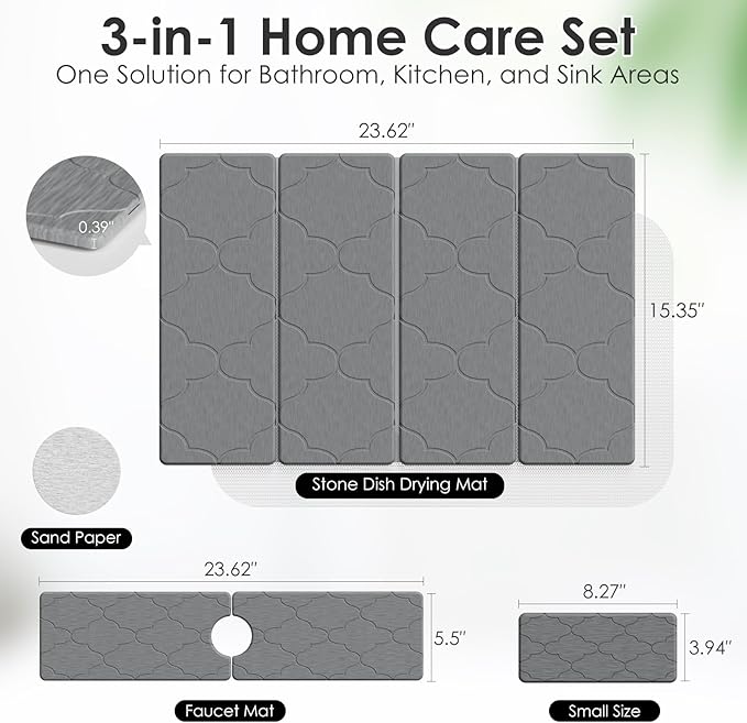 3 PCS Large Stone Dish Drying Mat for Kitchen Counter -24"x16" Absorbent Diatomaceous Earth Mat with Stone Faucet Mat & Soap Tray - Quick Dry, Collapsible, Non-Slip Countertop Organizer