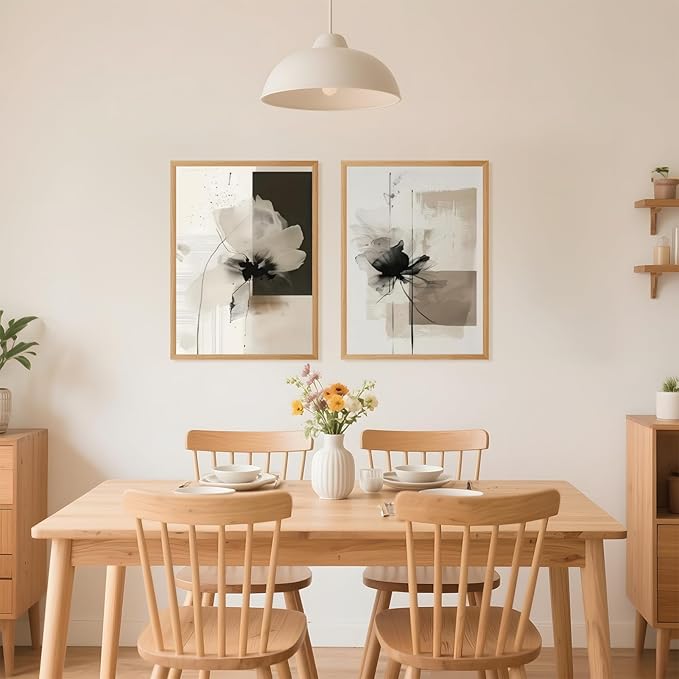 Minimalist Abstract Floral Wall Art Prints Set of 2 Neutral Beige Black Flower Canvas Painting Poster Trendy Botanical Picture for Gallery Modern Japandi Boho Home Decor 12x18inch Wooden Framed