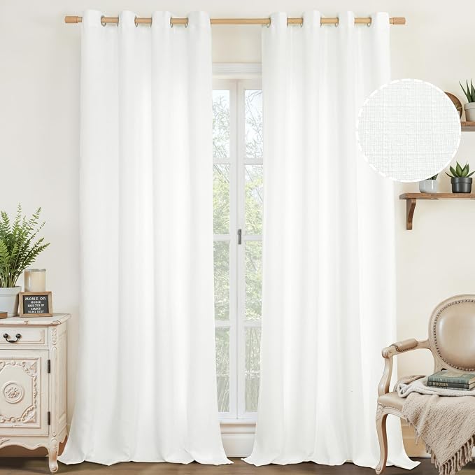 LAMIT 102 Inch Long White Linen Curtains 2 Panels, Linen Textured Light Filtering Living Room Curtains Grommet Privacy Burlap Boho Drapes for Bedroom/Farmhouse, 52 x 102 Inch