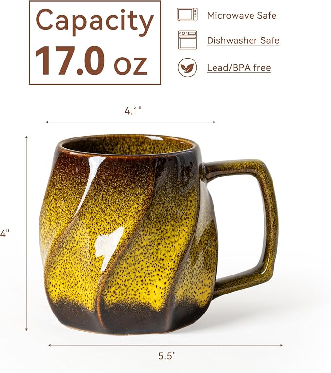 Amber Hearth Ceramic Coffee Mug - 17 oz Unique Reactive Glaze Coffee Cup with Ergonomic Large Handle, Ceramic Mug for Office Home, Birthday Gift for Men Women
