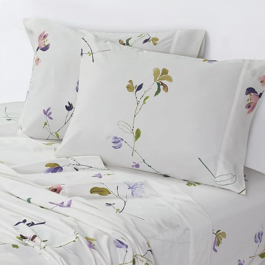 AZORES HOME Full Organic Cotton Sateen Sheet Set - Deep Pocket, 300 Thread Count, 4-Piece Luxury Bedding, Selena Multicolor