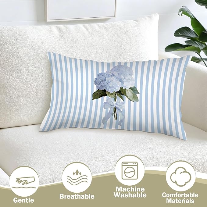 Blue Hydrangea 12x20 Pillow Cover,Blue Hydrangea Decor,Grandmillennial Blueness and Green Botanical Flower Lumbar Throw Pillow Covers for Couch Sofa Home Bedroom Living Room