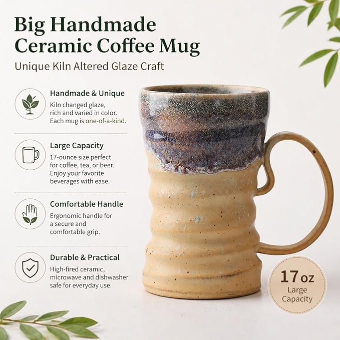 17oz Large Unique Cool Tall Handmade Ceramic Coffee Mug with Comfortable Big handle, Big Pottery Tea Mug, Artisanal Stoneware Coffee cup, Rustic Lead-free Tea Cups, Microwave safe Coffee Cup