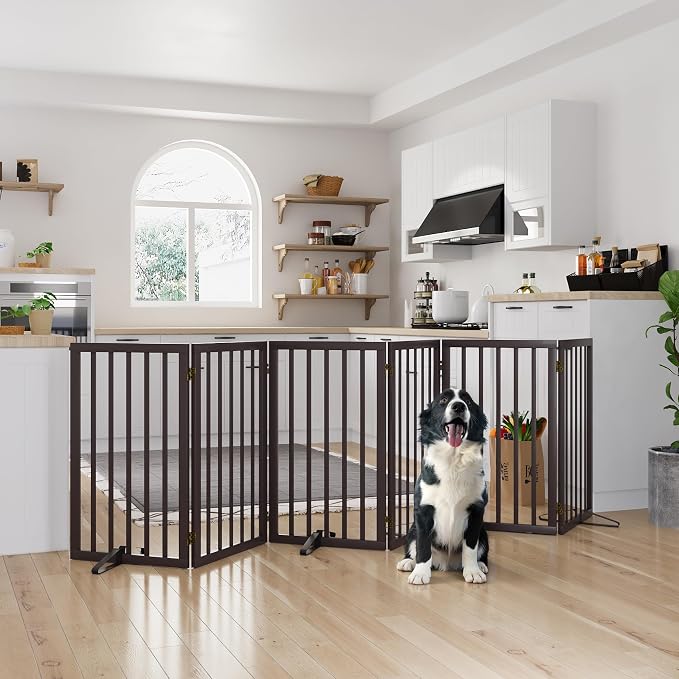 Semiocthome Freestanding Dog Gate Indoor 32" Tall, 6-Panel Wooden Dog Gates for Doorways Stairs, Foldable Pet Gate Safety Fences Indoor (110" W,Espresso)