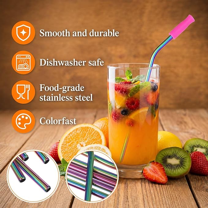 10Pcs Reusable Stainless Steel Metal Straws with 2 Cleaning Brush & 4 Silicone Tips, Long Metal Straws Metal Drinking Straw for 20 oz Tumbler, Tall Wine Bottle (Vibrant)