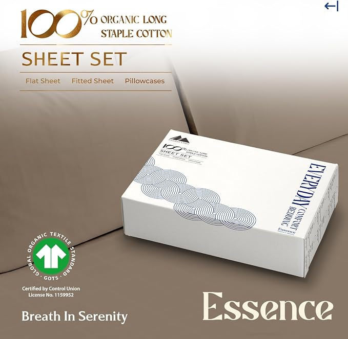 Mayfair Linen 100% Organic Cotton Sheets Twin XL Size - 3 PC Organic Cotton Percale Sheets Twin XL Set (Taupe), Soft, Crisp, Cooling Bedsheets, 16" Deep Pocket Hotel Bedding - GOTS Certified