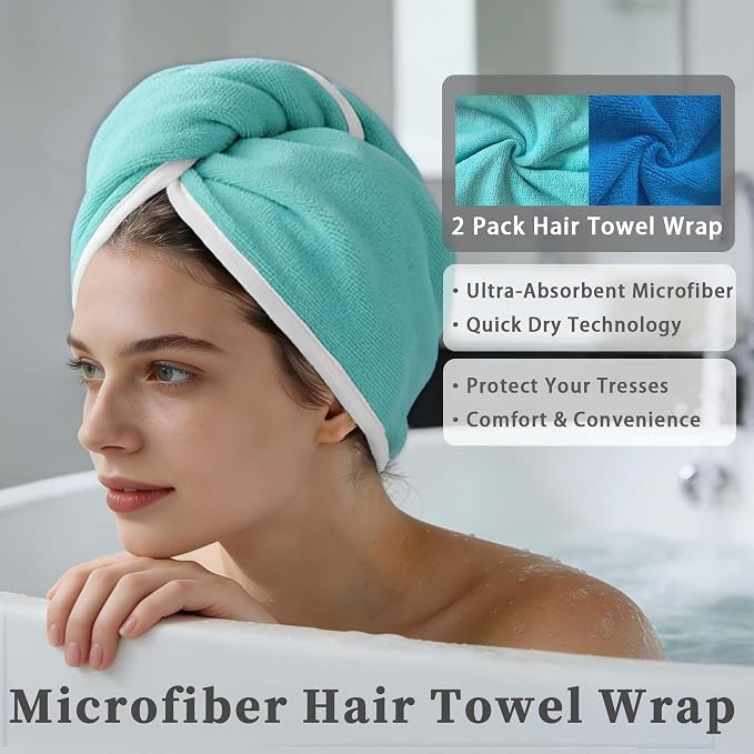 VOOVA & MOVAS Aqua & Blue Microfiber Hair Towel, 2Pcs Button-Free Elastic Loop Hair Turban, Ultra Soft Quick Drying Hair Wrap, Anti Frizz Highly Absorbent Towel
