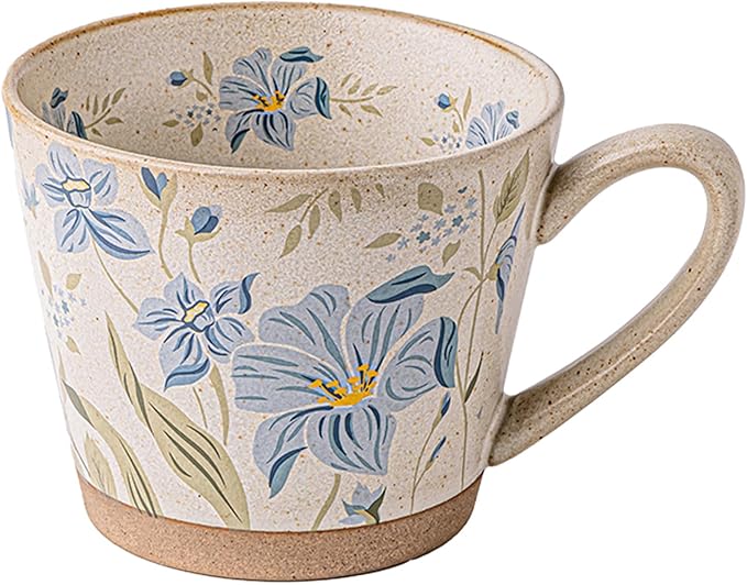 15oz Vintage Floral Ceramic Coffee Mug, Hand-Painted Lead-Free Tea Cup with Comfort Handle, Microwave & Dishwasher Safe for Home Office & Gift for Women (Light Blue Floral, 15, ounces)